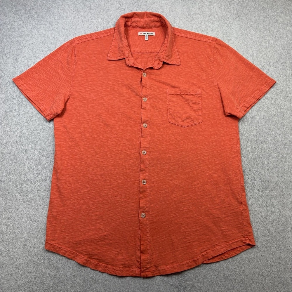 32 Bar Blues Shirt Men Large Orange Short Sleeve Button Front Slub Cotton Casual